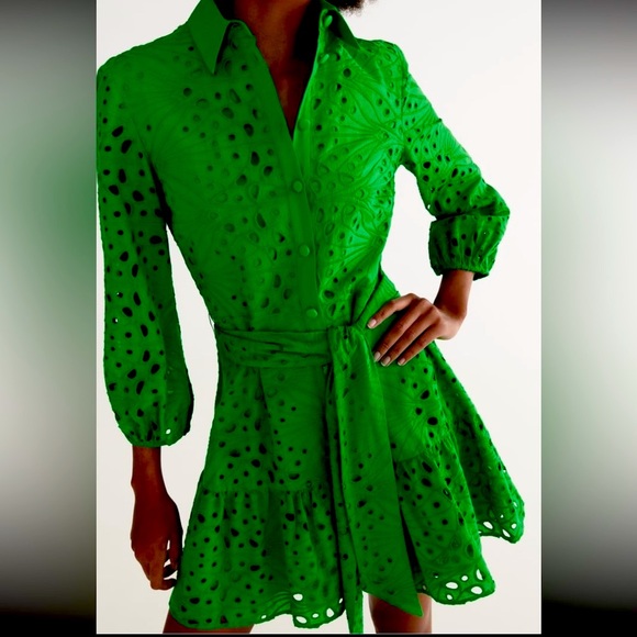 NWT ZARA Sz Small Brilliant Kelly Green Openwork Embroidered Dress DRESS!!👗😍 - Picture 8 of 8